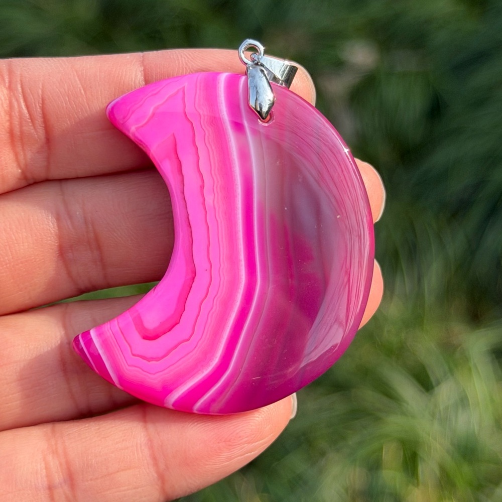Sterling silver 925 stamped pink druzy banded agate moon pendant 1024 - Picture 3 of 8